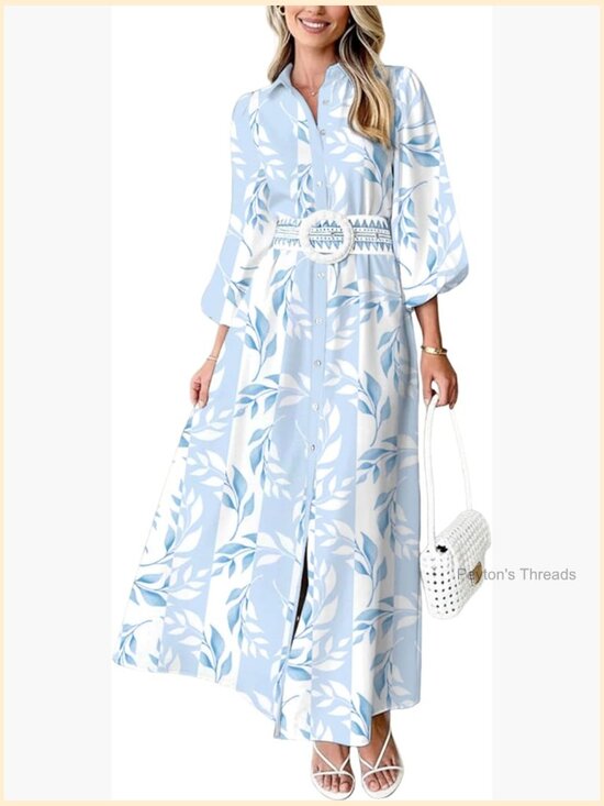 Dresses & Skirts - Women Summer Boho Maxi Dress Long Sleeve Button Down Tie Waist with Pocket